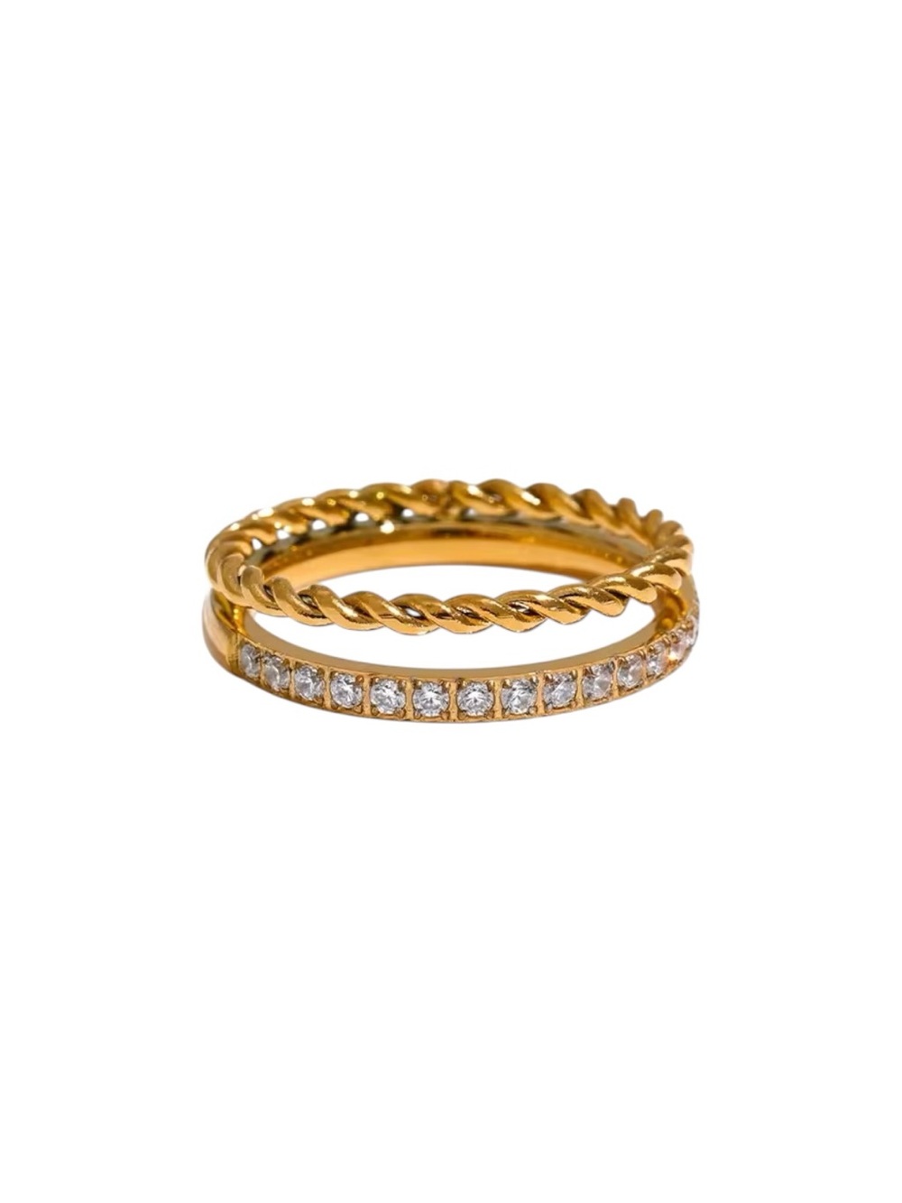 18K Gold PVD Double Twisted  & Pave Band CZ Stacking Ring Tarnish Free